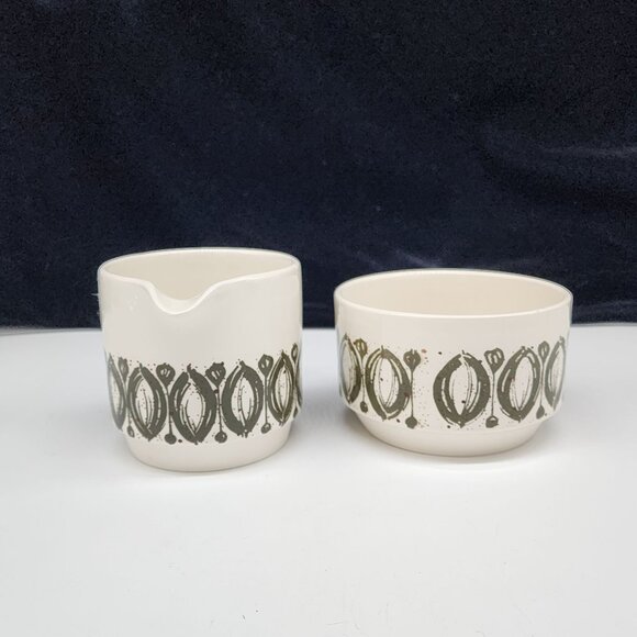 MCM Bilton England Cream and Sugar Bowl Ceramic White Green Ovals VTG - Picture 3 of 9